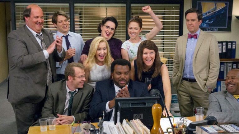 THE OFFICE -- "Finale" Episode 924/925 -- Pictured: (l-r) Brian Baumgartner as Kevin Malone, Jake Lacy as Pete, Paul Lieberstein as Toby Flenderson, Angela Kinsey as Angela Martin, Phyllis Smith as Phyllis Vance, Craig Robinson as Darryl Philbin, Ellie Kemper as Erin Hannon, Kate Flannery as Meredith Palmer, Ed Helms as Andy Bernard, Leslie David Baker as Stanley Hudson
